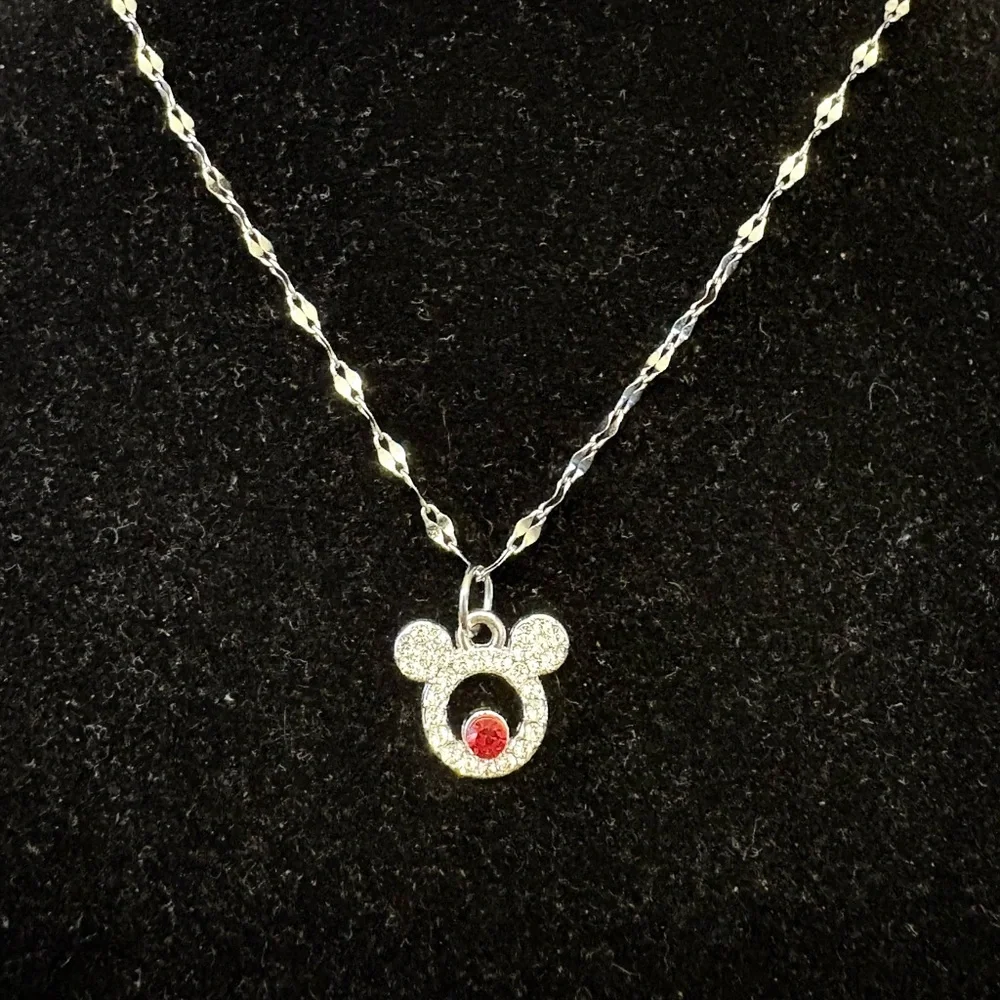 Rhinestone Minnie Mouse w/ruby red birthstone charm necklace